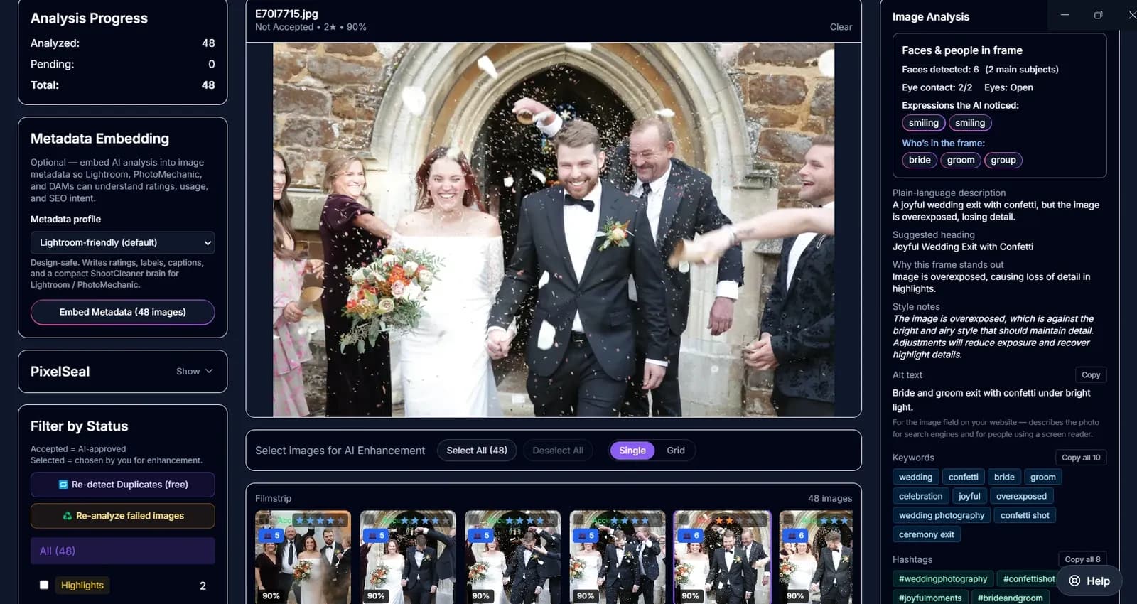 A frame the AI has declined: marked Not Accepted at two stars, with the reason given plainly — the image is overexposed and losing highlight detail, against a bright, airy style that should keep it. Alongside sit six faces detected, expressions read, and ready-written alt text, keywords and hashtags.