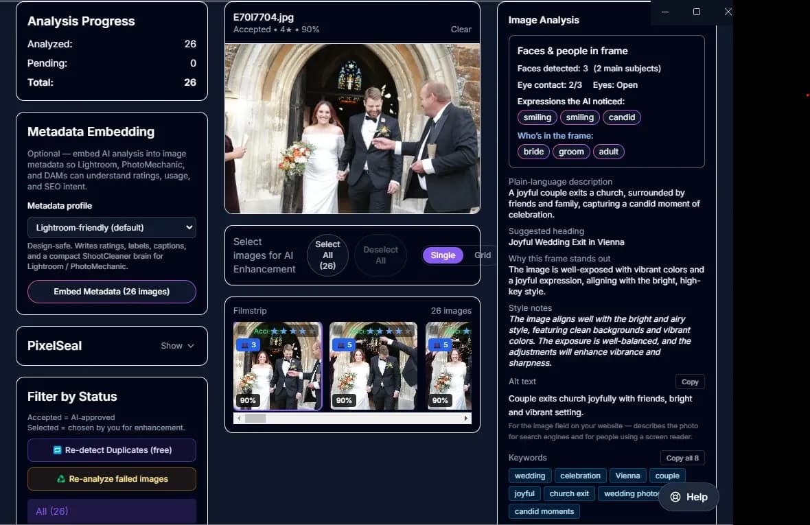 A single frame under analysis: three faces detected with two making eye contact, expressions read as smiling and candid, a plain-language description, and beneath it ready-written alt text and eight keywords for the web, alongside a metadata profile that embeds all of it into the file.