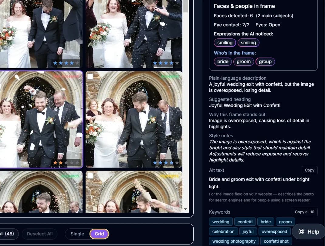 A grid of wedding frames labelled Accepted, Highlights and Not Accepted, with one two-star frame selected. Beside it the analysis explains the low score: the image is overexposed and losing detail in the highlights, against the bright airy style it should be keeping. Ready-written alt text and keywords sit underneath, one of them the word overexposed.