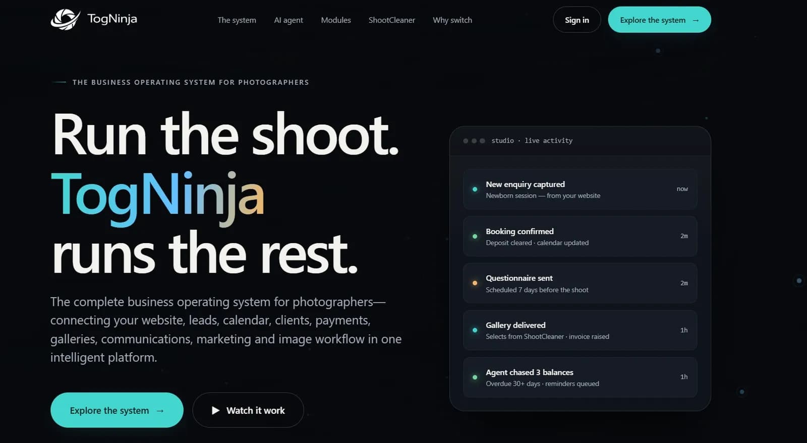 The TogNinja website, describing it as the business operating system for photographers — connecting website, leads, calendar, clients, payments, galleries and marketing — beside a live activity feed showing an enquiry captured, a booking confirmed, a questionnaire scheduled and a gallery delivered.
